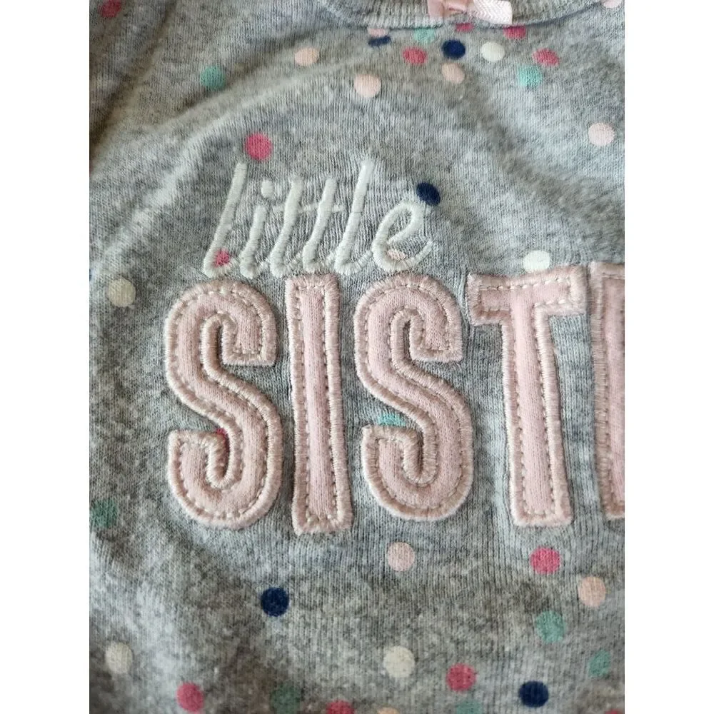 Carters 12 month baby girl little sister long sleeve bodysuit grey confetti polk